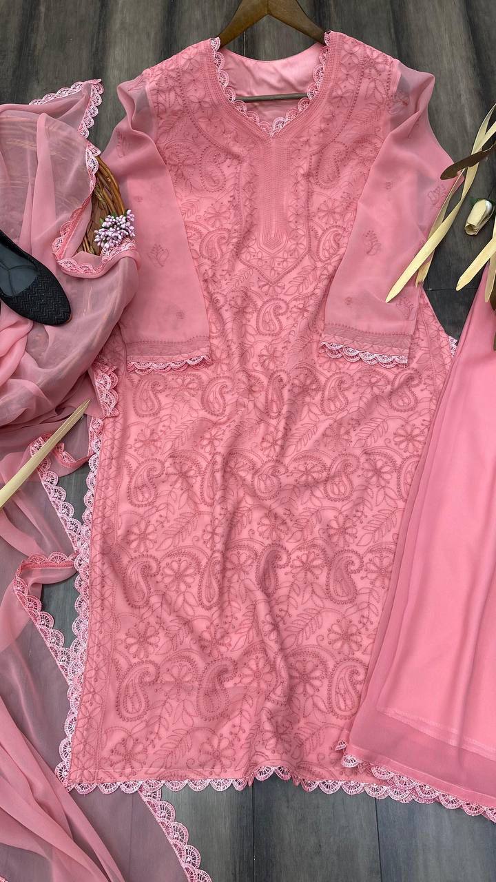 Pink Chikankari Kurti With Lace Detail And Full Length Ethnic Wear