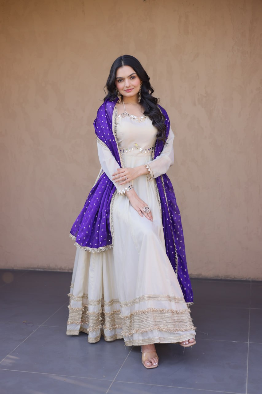 Real Mirror Work Anarkali Gown With Royal Purple Dupatta