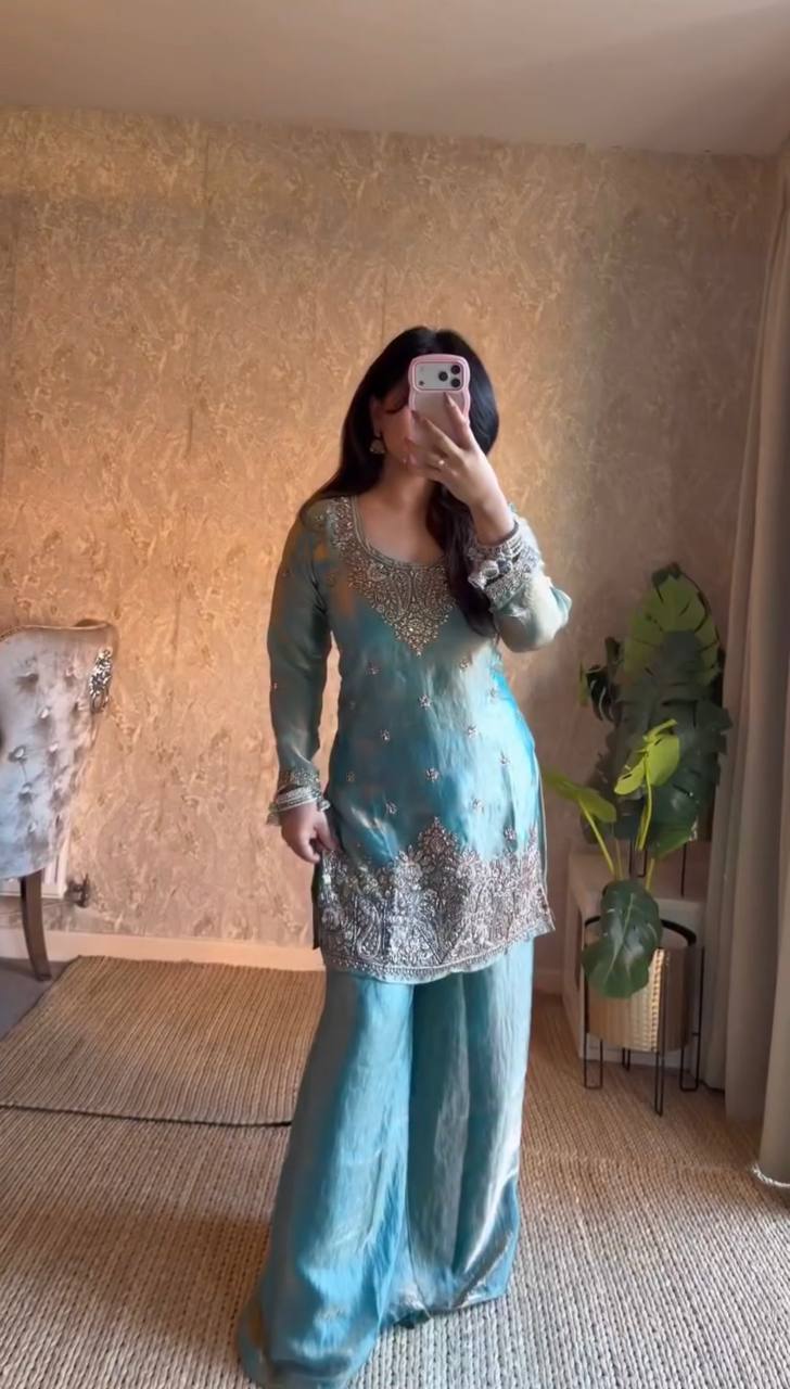 Ice Blue Silk Plazzo Suit With Heavy Zari And Sequins Embroidery