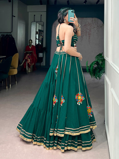 11 Meter Mega Flair Bottle Green Lehenga Choli With Gamthi Mirror Work