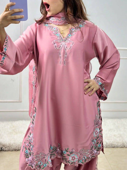 Pink Floral Embroidered Farshi Salwar Suit With Bow Detail And Dupatta