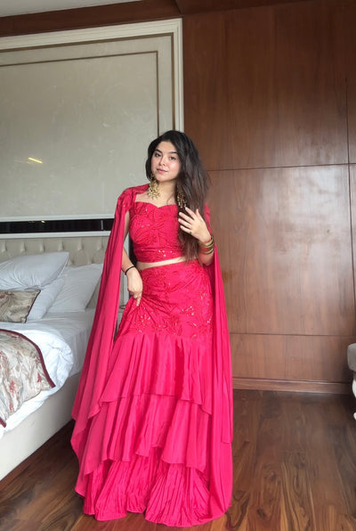 Elegant Rani Pink Embroidered Layered Lehenga With Crape Dupatta