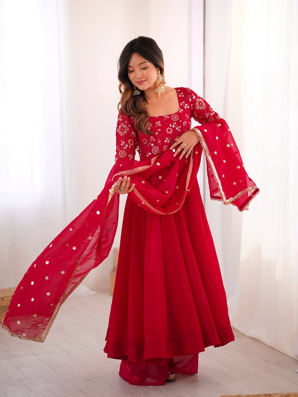 Cherry Red Sequins Embroidered Anarkali Suit Set With Dupatta
