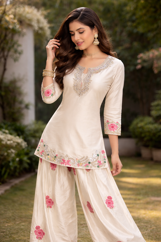 White Silk Floral Embroidery Sharara Suit With Silver Zari Work And Dupatta