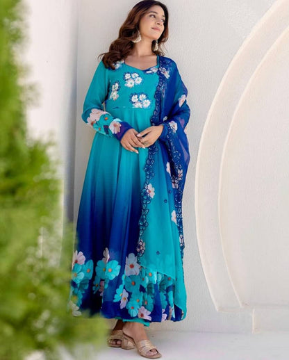 Teal Blue Floral Anarkali Suit With Organza Dupatta And Pant