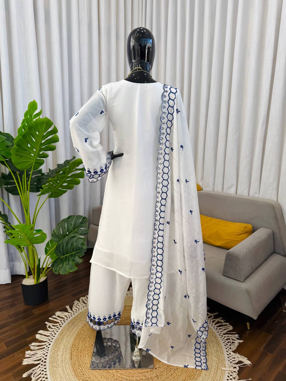 Red And White Cutwork Embroidered Straight Kurta Palazzo Set With Dupatta