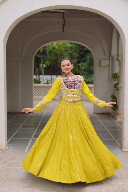 Designer Lehenga With Kutchi Gamthi Embroidered Blouse And Mirror Work