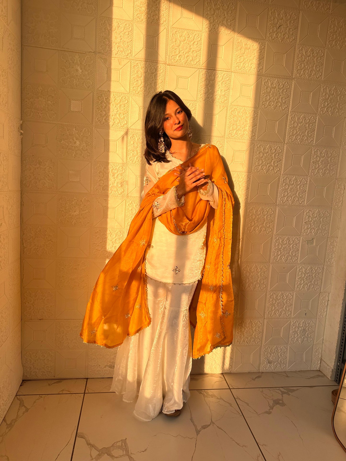 Embroidered Sharara Set With Contrast Sequin Mustard Yellow Dupatta