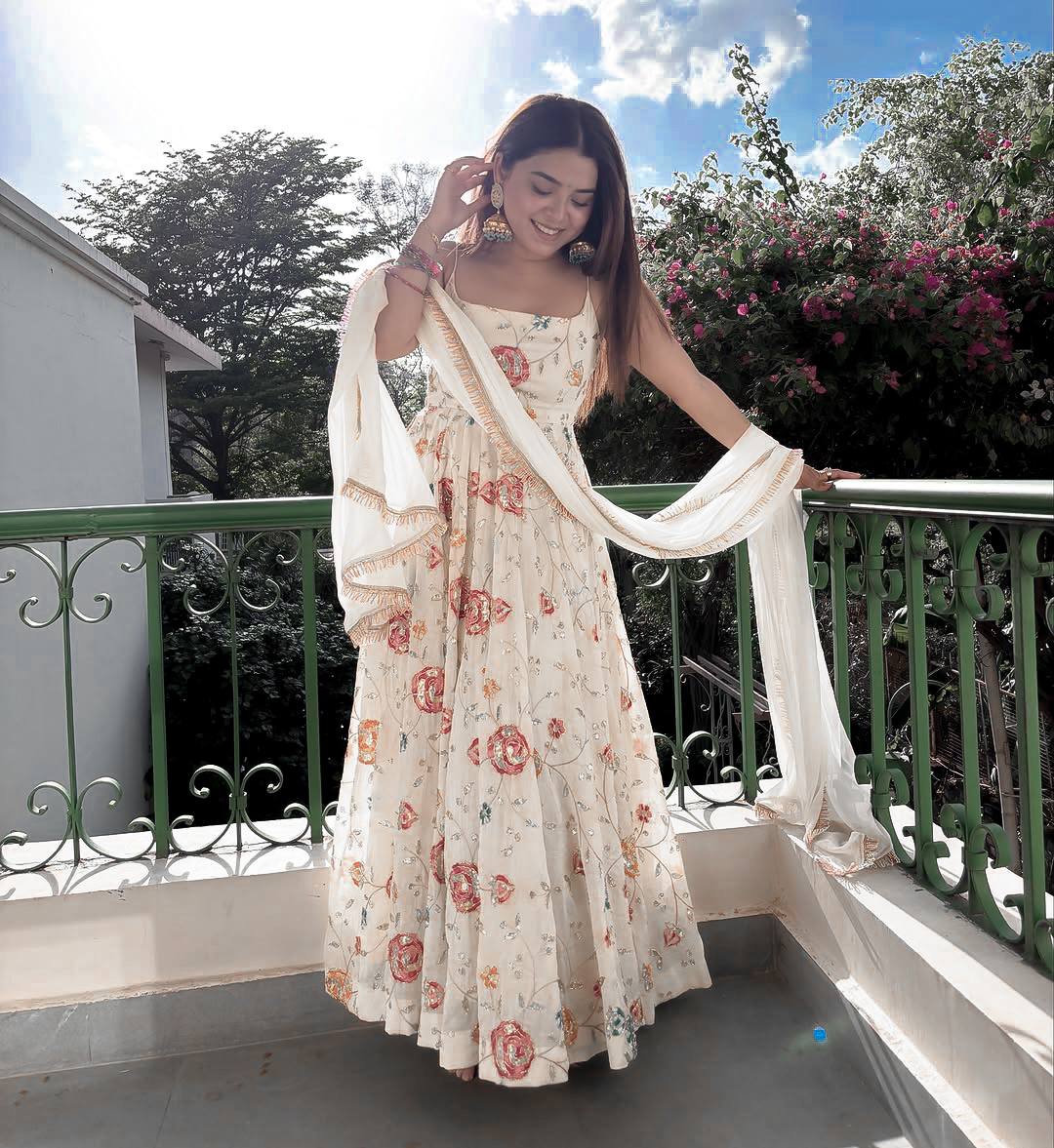 Off White Floral Embroidered Anarkali Gown With Spaghetti Straps And Dupatta