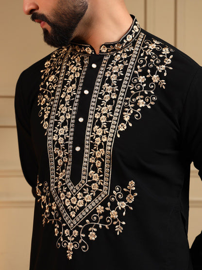 Classic Designer Embroidered Kurta Set For Men With White Pajama