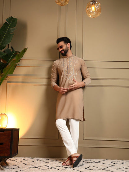 Classic Designer Embroidered Kurta Set For Men With White Pajama