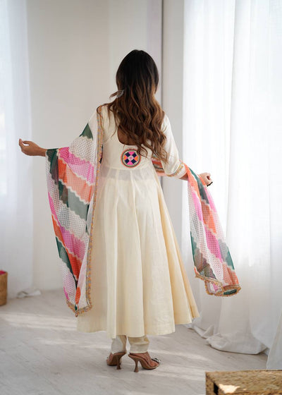 CREAM ANARKALI SUIT WITH MULTICOLOR EMBROIDERED NECKLINE AND PRINTED DUPATTA