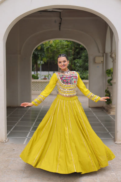 Designer Lehenga With Kutchi Gamthi Embroidered Blouse And Mirror Work