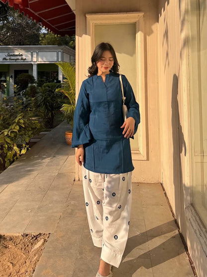 Cotton Short Kurta With Embroidered Farshi Salwar Co-ord Set
