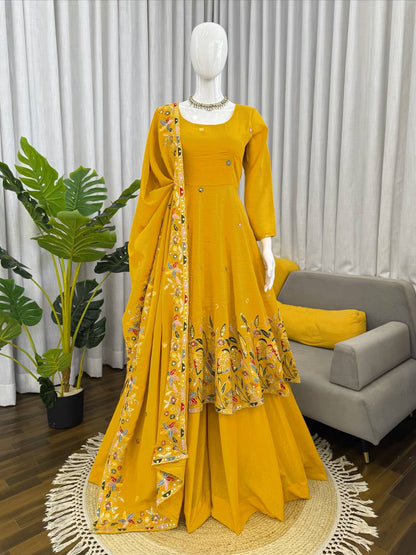 Yellow Embroidered Anarkali Suit With Floral Dupatta And Plazzo