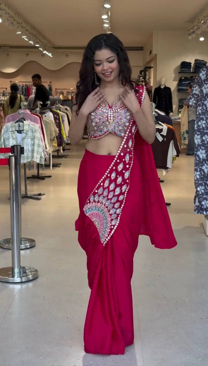 Red Pre-Draped Saree And Multicolour Embroidery Blouse