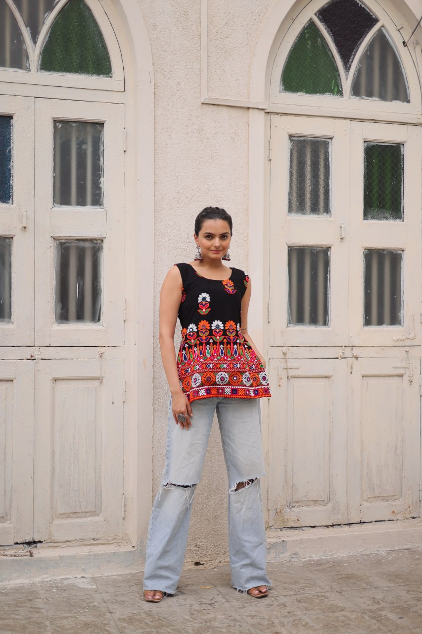Black Sleeveless Gamthi Embroidered Top with Multicolor Mirror Work
