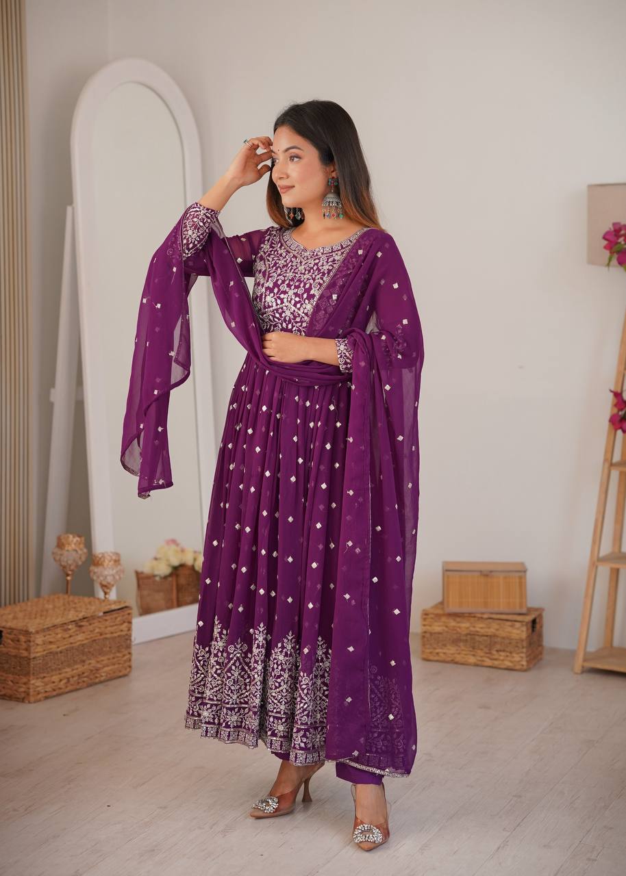Purple Faux Georgette Anarkali Suit With Designer Embroidery