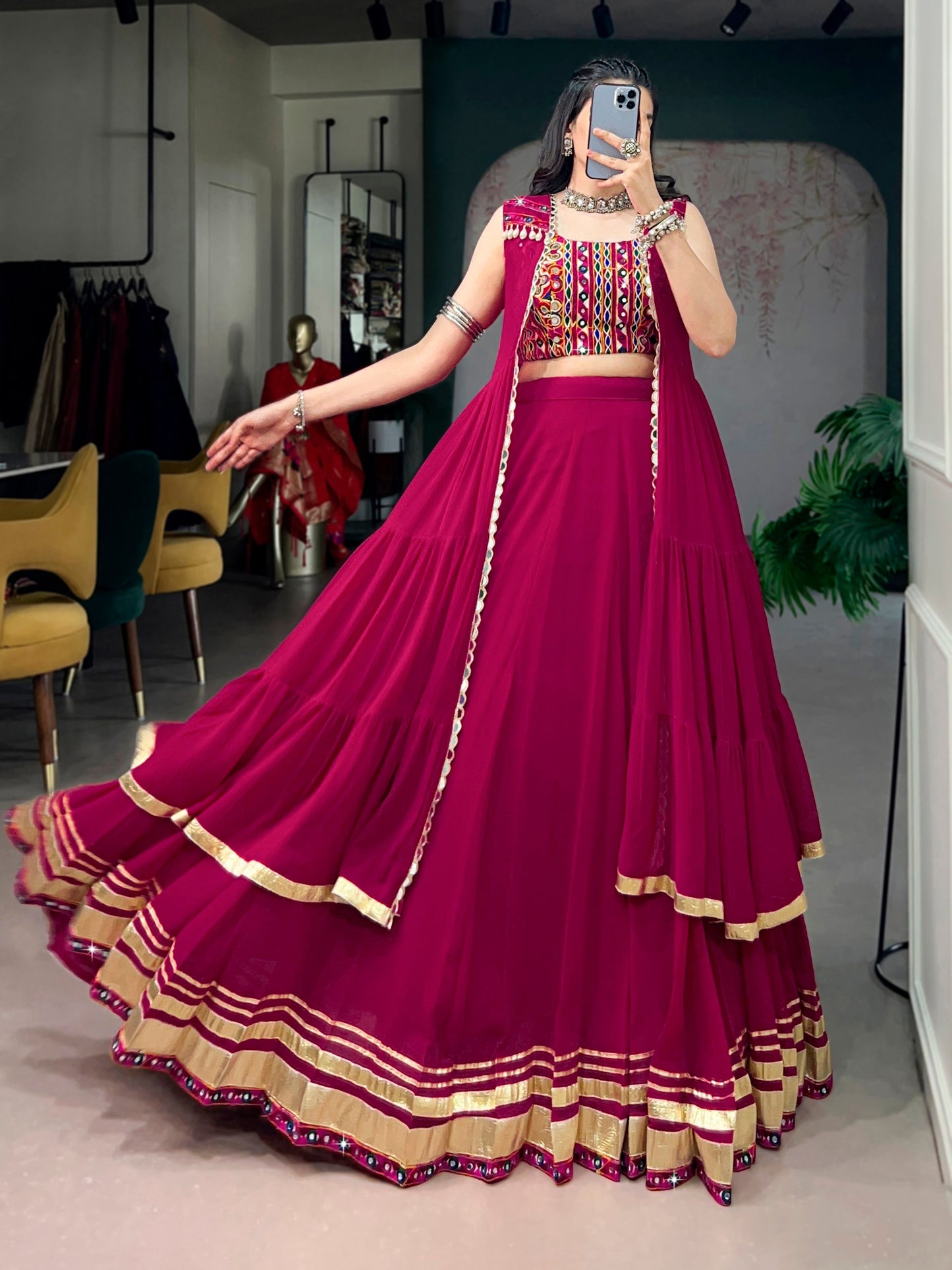 Magenta Pink Layered Lehenga Choli With Mirror Work Blouse And Gota Border Jacket Dupatta