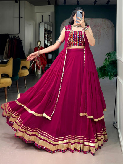 Magenta Pink Layered Lehenga Choli With Mirror Work Blouse And Gota Border Jacket Dupatta