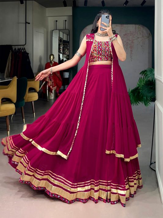 Magenta Pink Layered Lehenga Choli With Mirror Work Blouse And Gota Border Jacket Dupatta