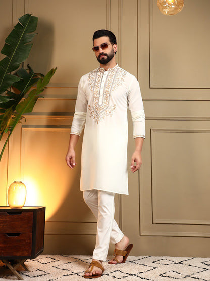 Classic Designer Embroidered Kurta Set For Men With White Pajama