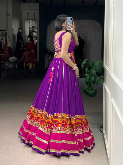 Purple Gamthi Work Rayon Lehenga With Cowrie Lace Blouse