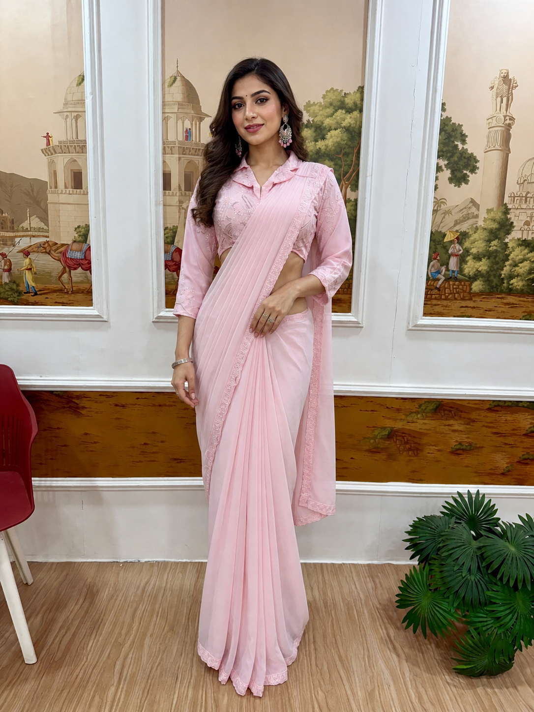 Baby Pink Ready-to-Wear Saree With Collared Embroidered Blouse