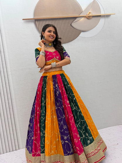 6 Meter Flair Multicolor Panelled Lehenga Choli With Embroidered Dupatta