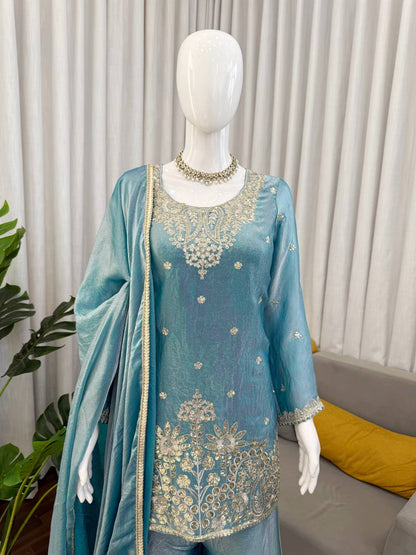 Ice Blue Silk Plazzo Suit With Heavy Zari And Sequins Embroidery