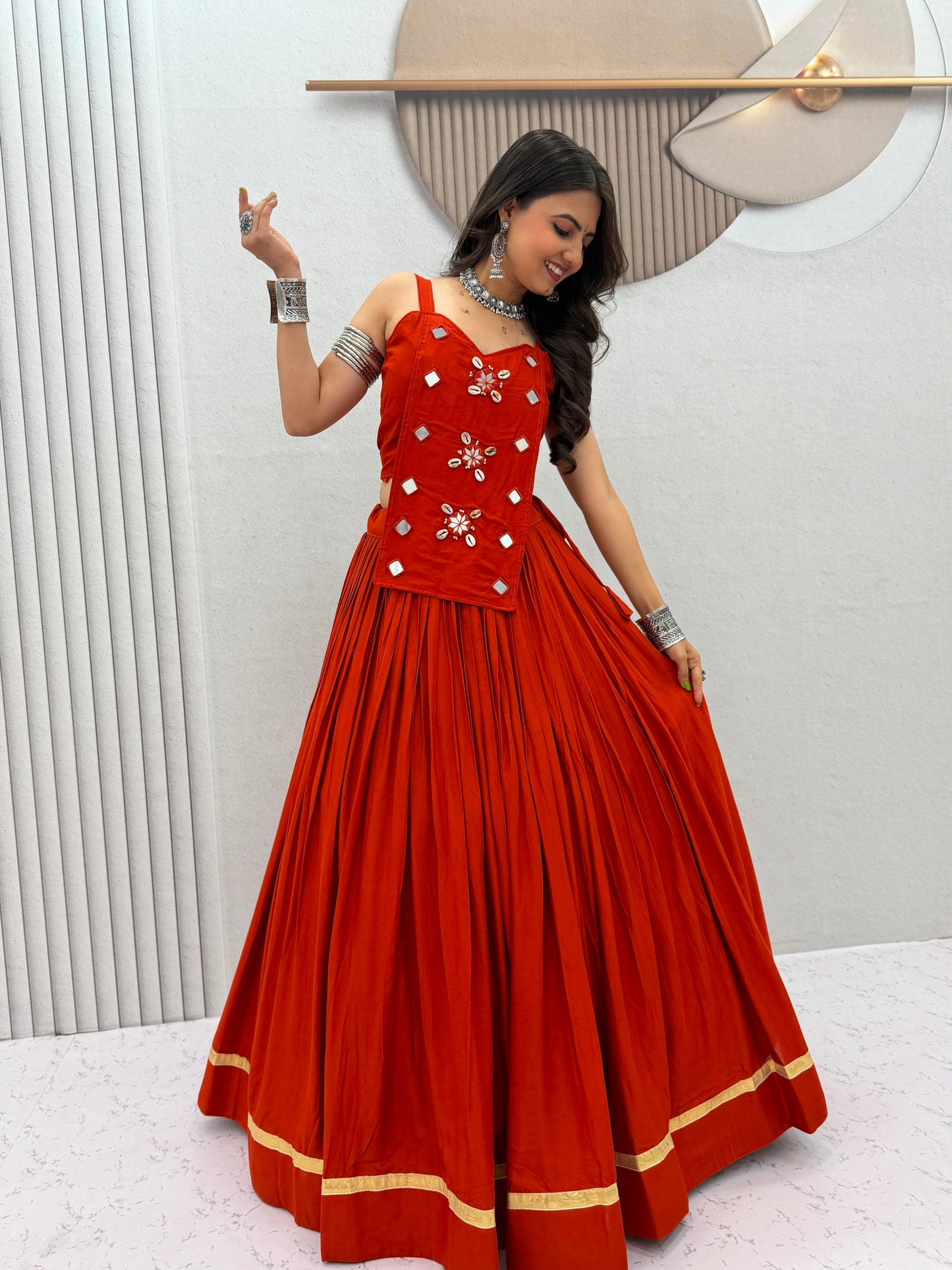 6 Meter Flair Orange Plain Lehenga Choli With Mirror Work Jacket