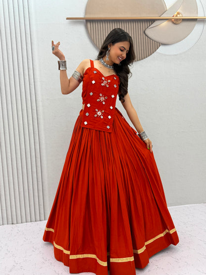6 Meter Flair Orange Plain Lehenga Choli With Mirror Work Jacket