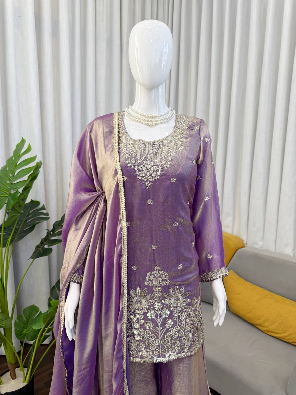Lavender Silk Plazzo Suit With Heavy Zari And Sequins Embroidery