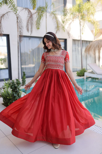 Red Silk Anarkali Gown With Heavy Zari Embroidered