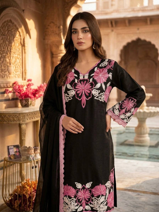Black Floral Embroidered Kurta Set With Lace Dupatta