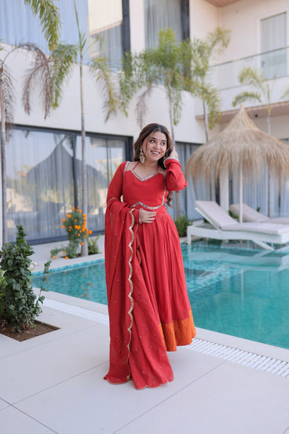 Stunning Red Anarkali Suit With Silver Lace And Orange Contrast Panel