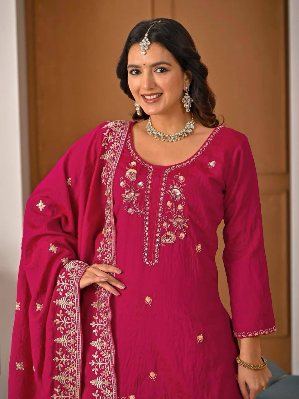 Rani Pink Zari And Sequins Embroidered Sharara Suit Set With Dupatta