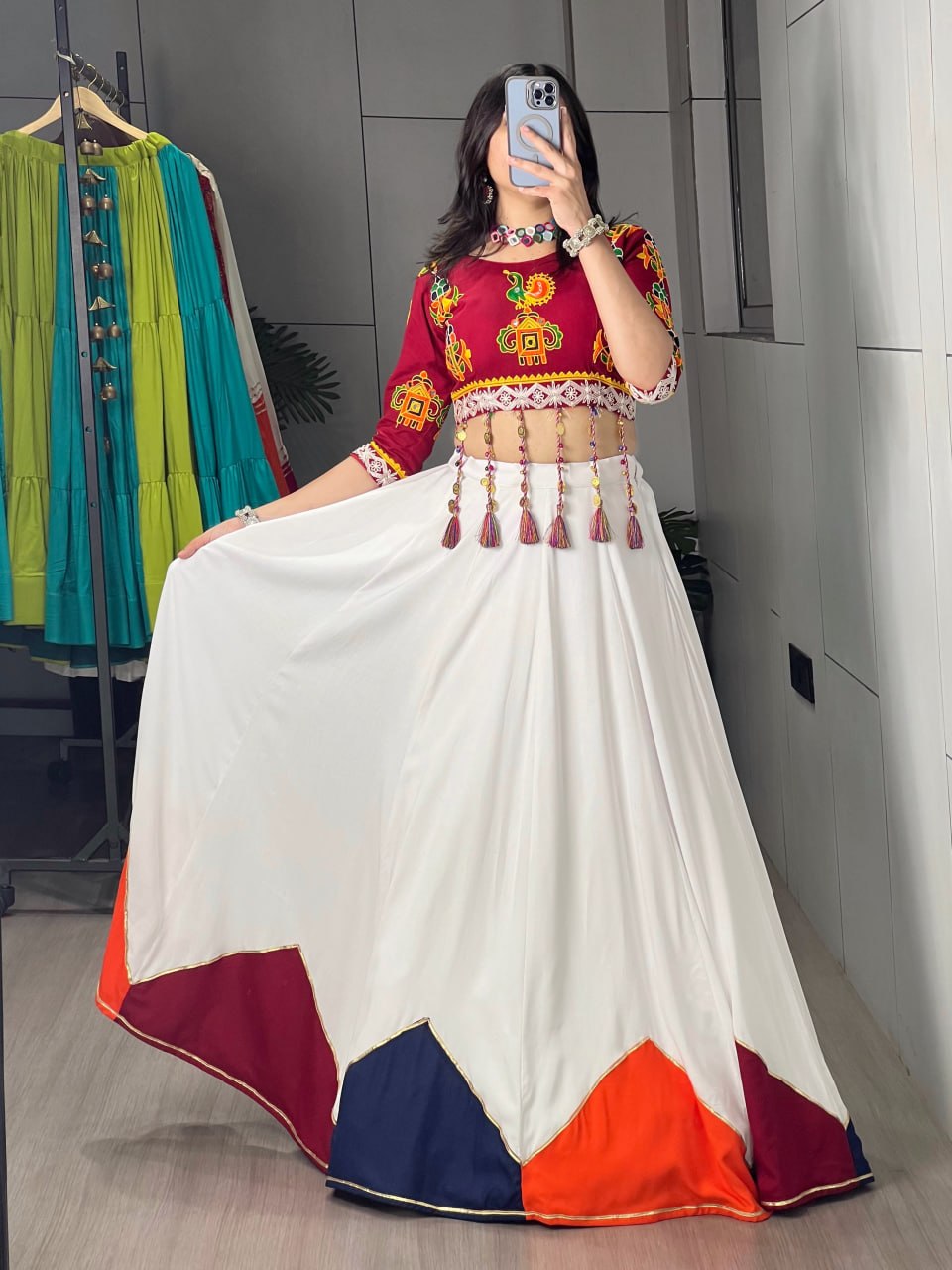 6 Meter Flair White Lehenga Choli With Embroidered Kediya And Multicolor Border