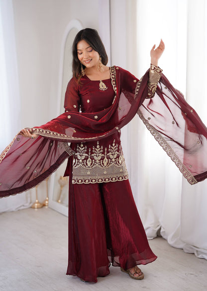 Maroon Embroidered Sharara Suit Set With Dupatta – Festive Ethnic Wear
