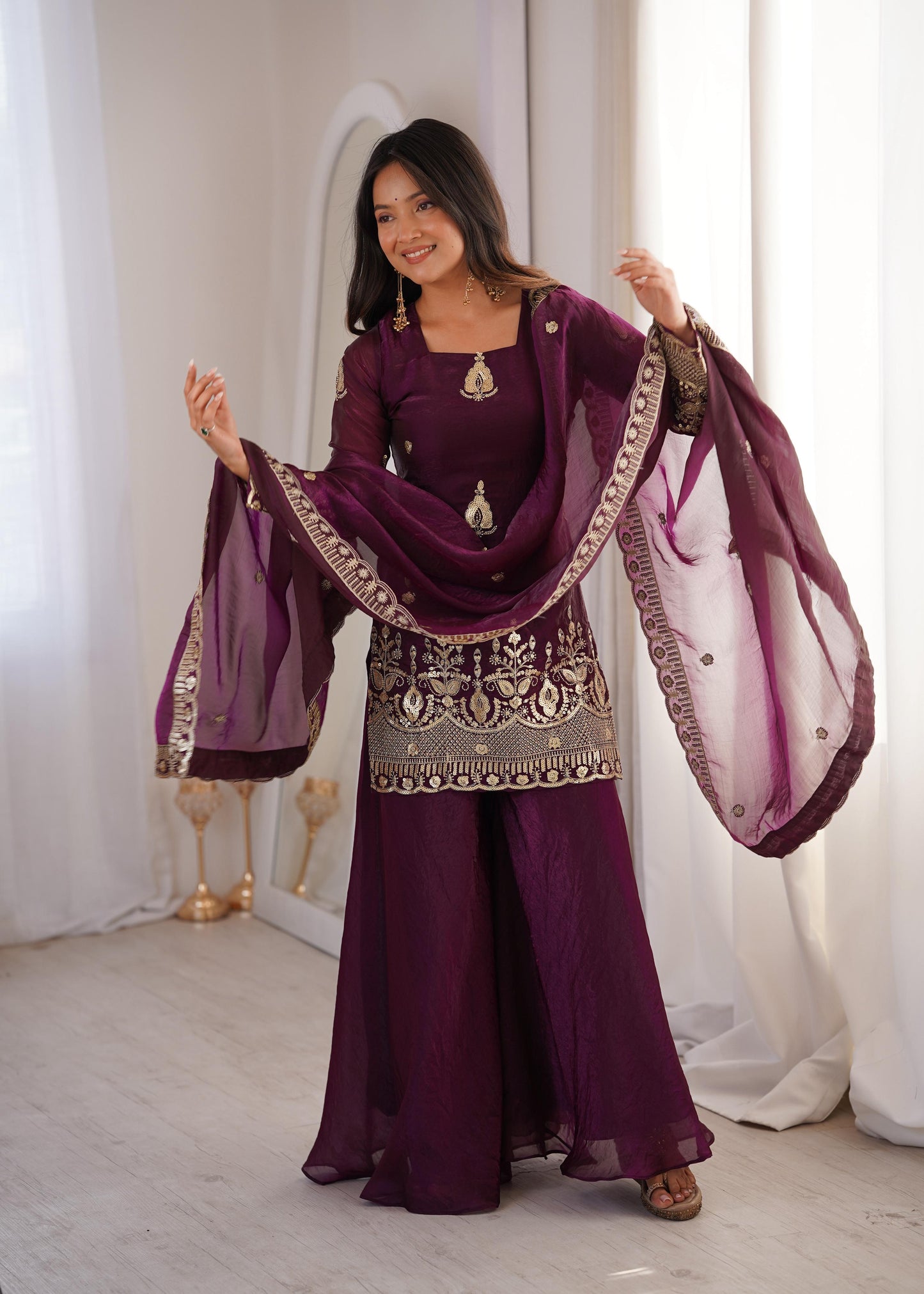 Heavy Gold Zari Embroidered Palazzo Suit Set With Dupatta