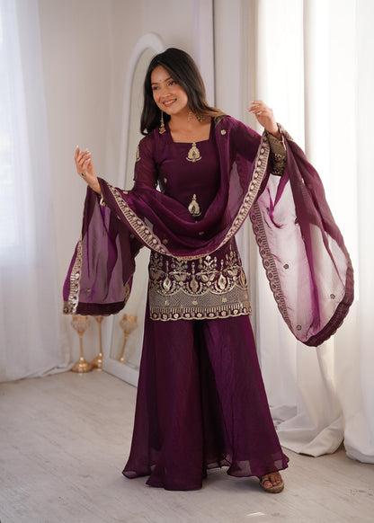 Heavy Gold Zari Embroidered Palazzo Suit Set With Dupatta