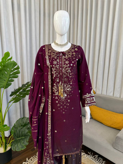 Wine Embroidered Straight Suit Set With Sequin Dupatta