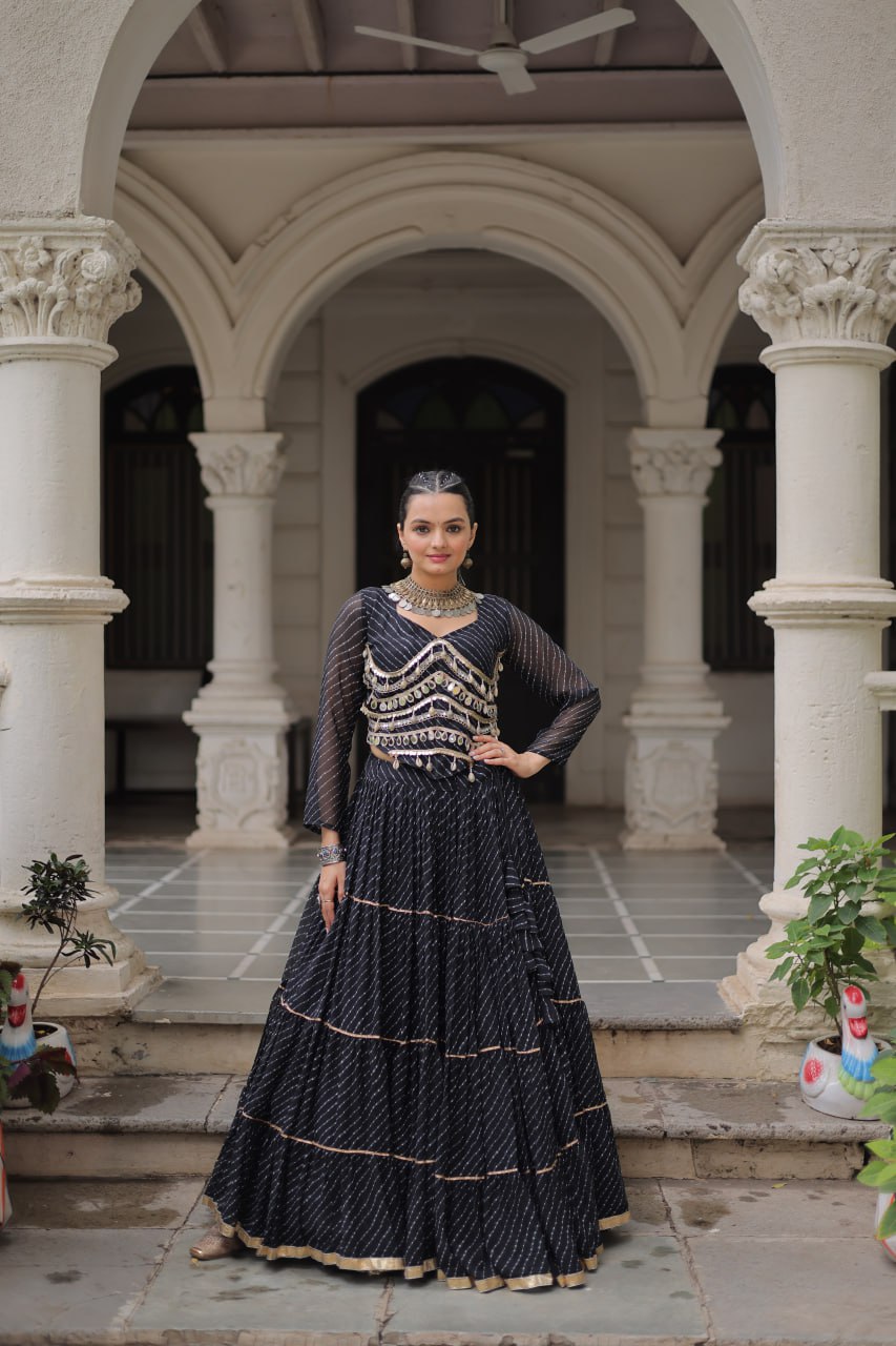 12 Meter Flair Leheriya Lehenga Set With Mirror Work Blouse - 5 Colors