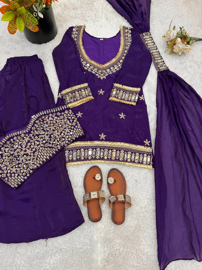 Purple Silk Sharara Suit With Real Mirror Work And Gold Lace Work
