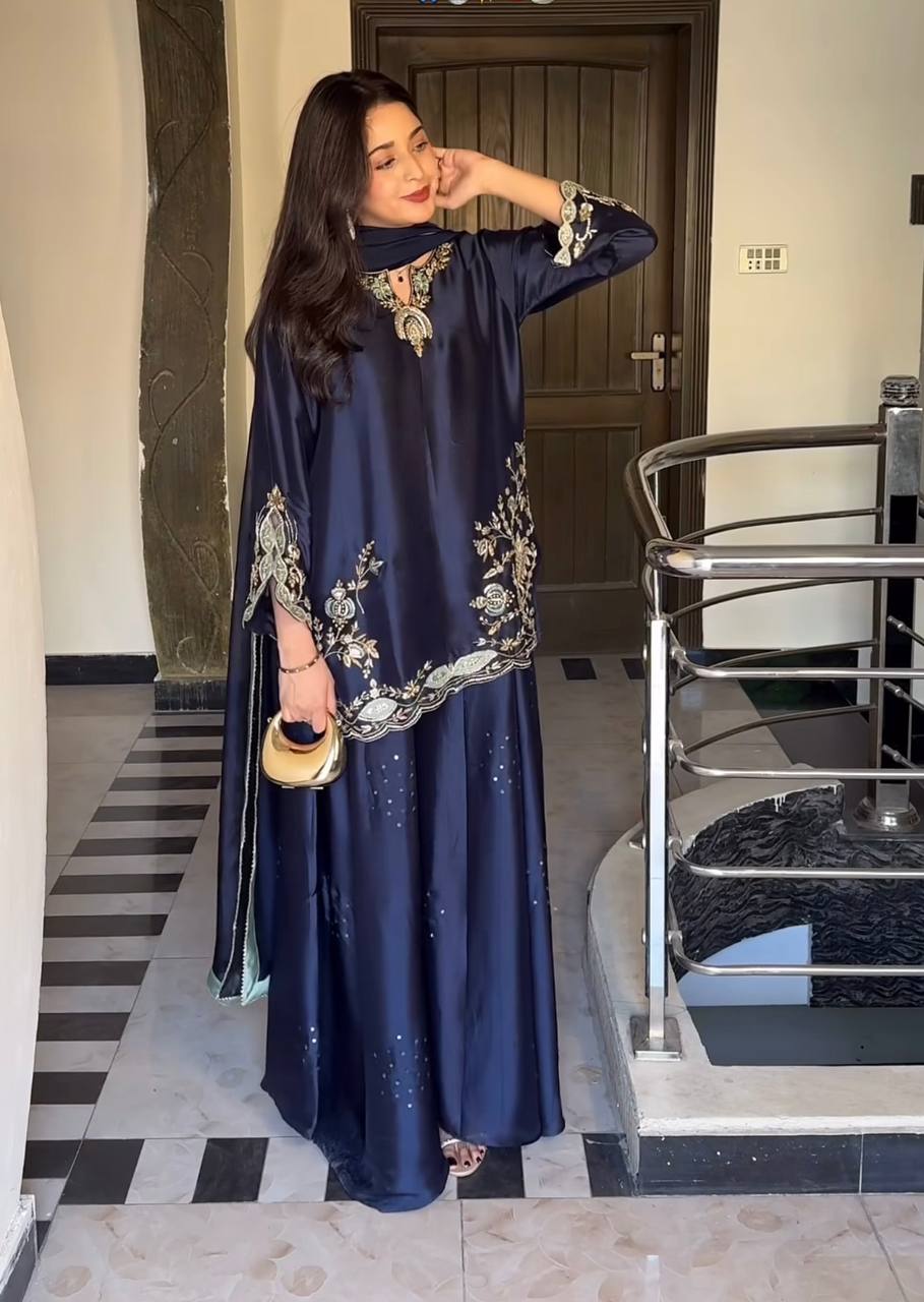 Navy Blue Satin Silk Sharara Suit Set With Gold Zari Floral Embroidery