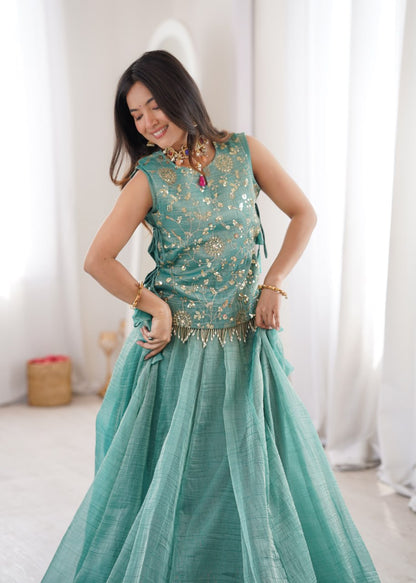 Zari Embroidered Sleeveless Top With Flared Lehenga Set