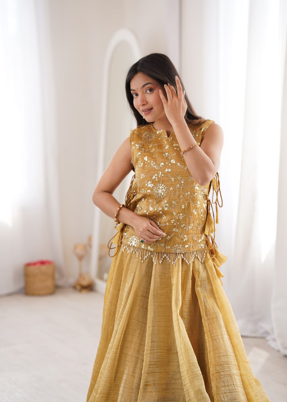 Zari Embroidered Sleeveless Top With Flared Lehenga Set