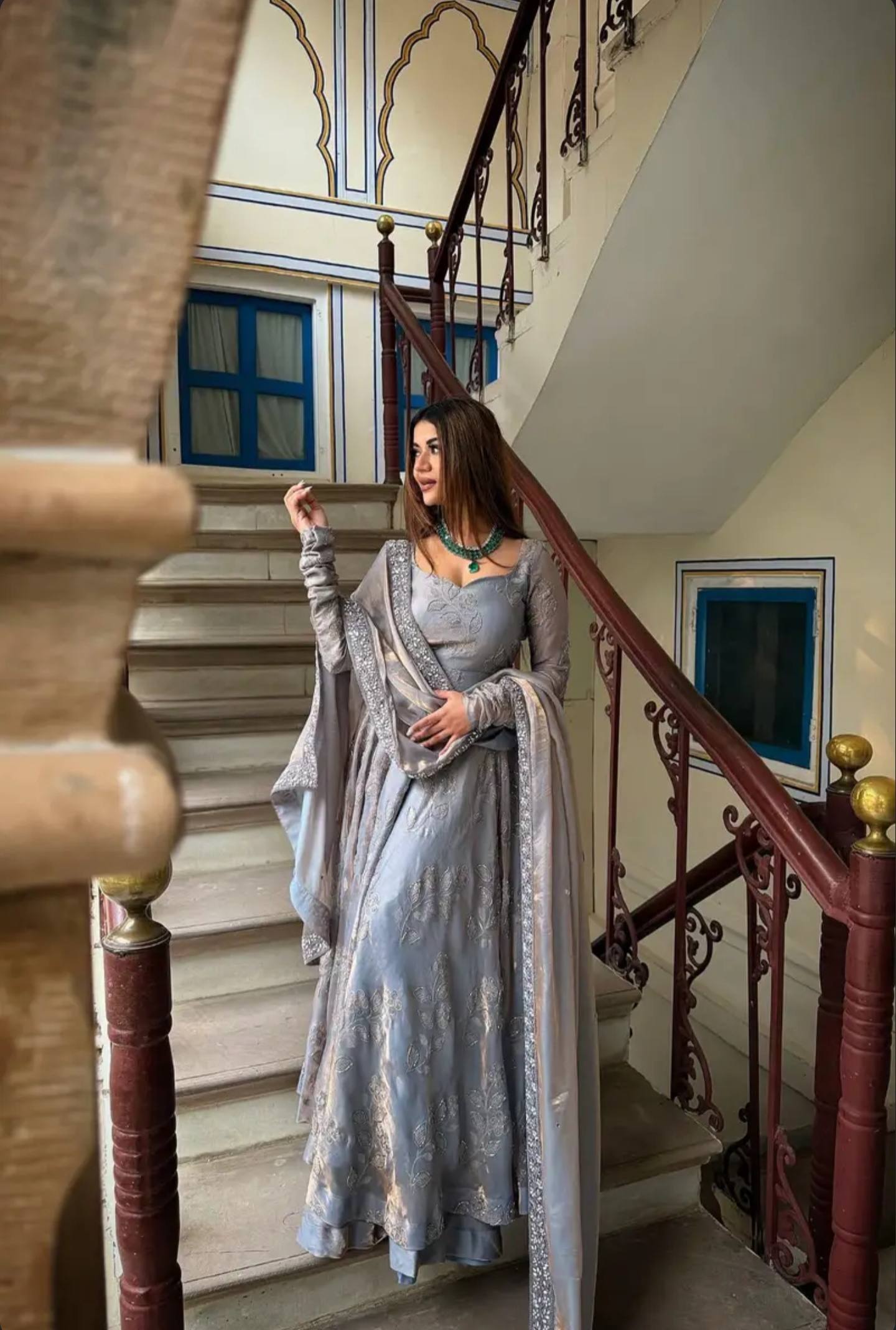 Elegant Grey Embroidery Anarkali Suit With Silver Sequined Dupatta