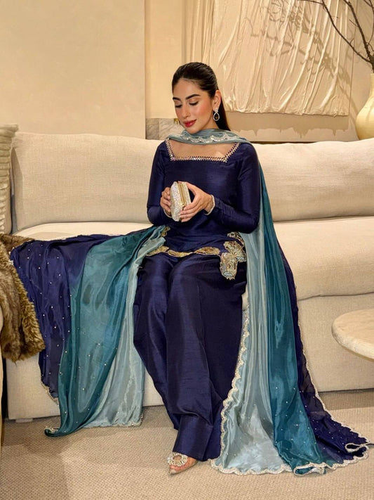 Navy Blue Farshi Suit With Sequnce Work And Shaded Dupatta