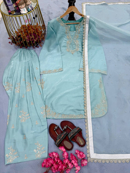 Light Blue Embroidered Moti Work Suit With Dupatta